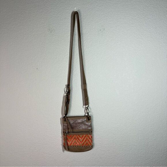 The Sak Small Taupe‎ & Orange Crossbody Leather Purse - Picture 1 of 10